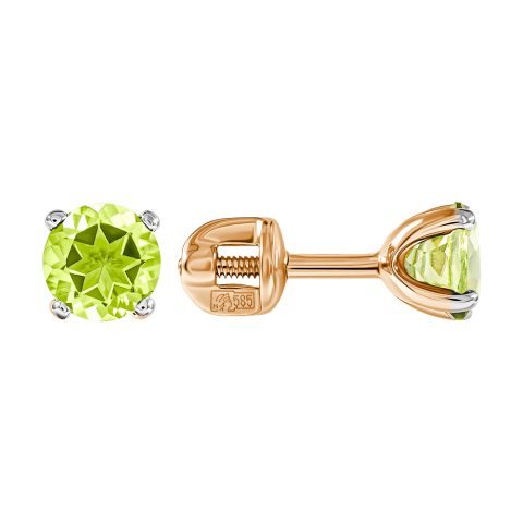 Серьги из красного золота 585 с хризолитами, ср. вес 1,23г