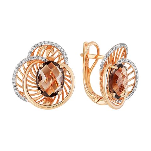Серьги из красного золота 585 с бриллиантом и раухтопазом, ср. вес 6,5г