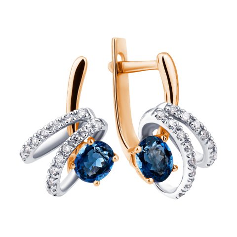 Серьги из красного золота 585 с бриллиантом и сапфиром, ср. вес 3,18г