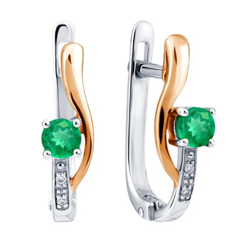 Серьги из красного золота 585 с бриллиантом и изумрудом, ср. вес 2,71г
