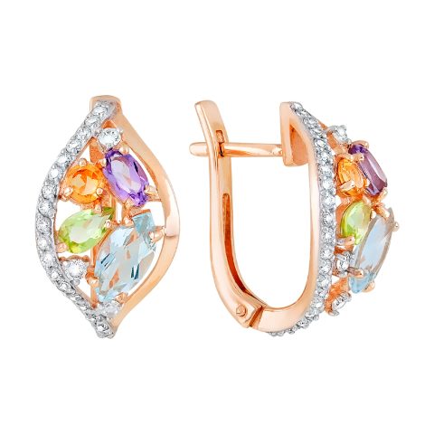 Серьги из золота 585 с полудрагоценными вставками и фианитом, ср. вес 4,55г
