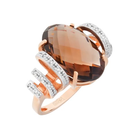 Кольцо из красного золота 585 с раухтопазом и фианитом, ср. вес 5,43г