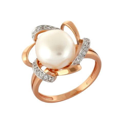 Кольцо из красного золота 585 с жемчугом и фианитом, ср. вес 4,52г