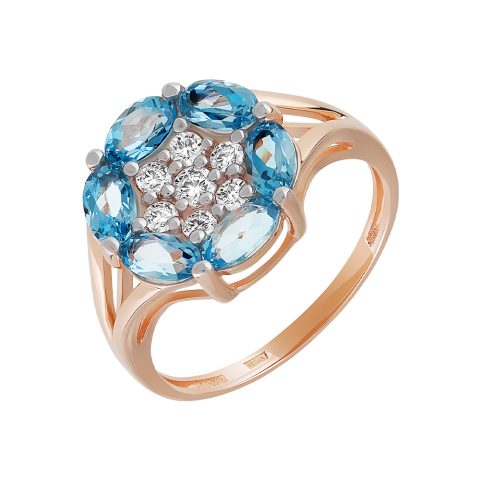 Кольцо из красного золота 585 с топазом и фианитом, ср. вес 2,59г