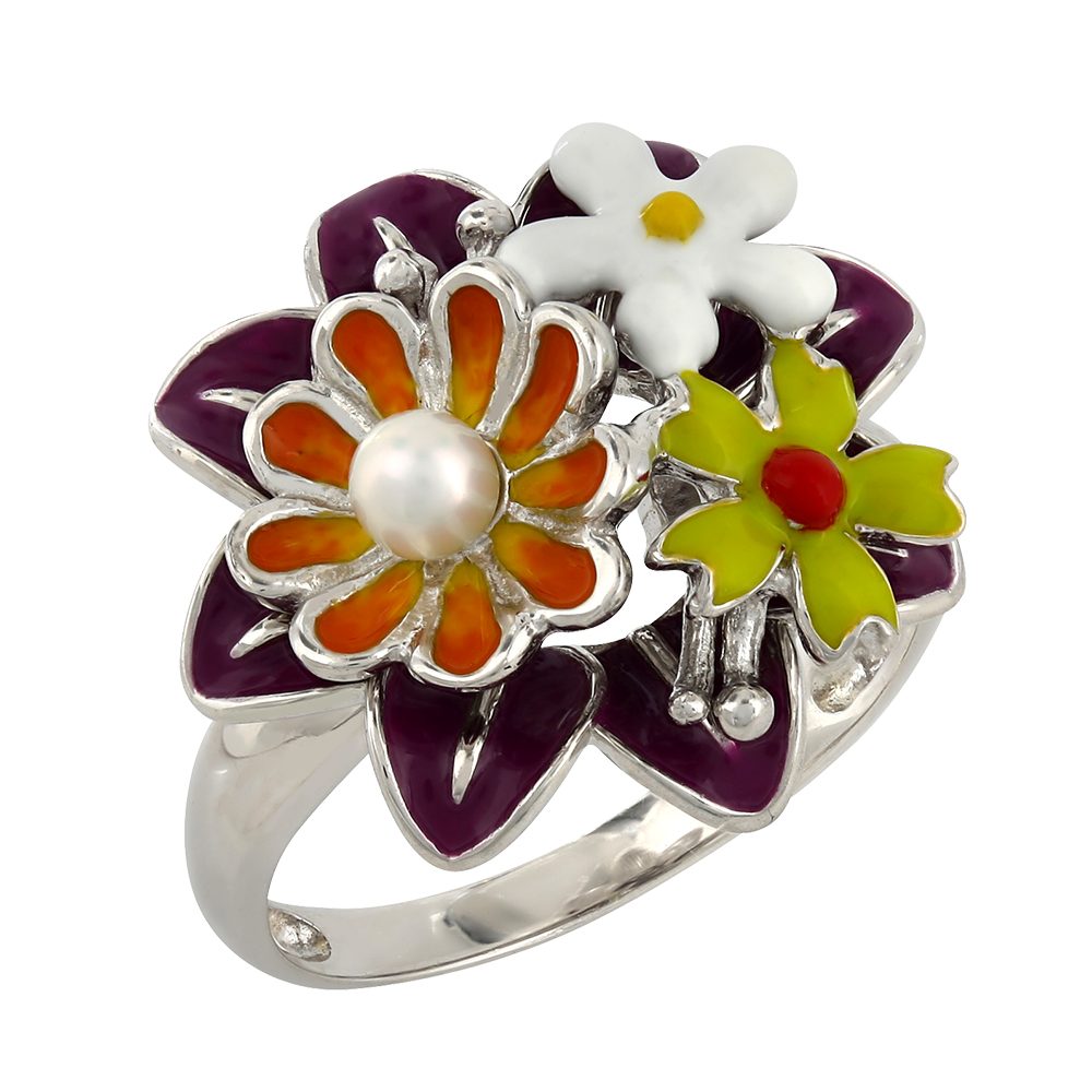 Кольцо из серебра 925 с имитацией жемчуга и эмалью, ср. вес 5,98г