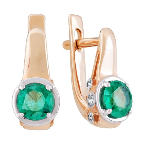 Серьги из красного золота 585 с изумрудом и фианитом, ср. вес 3,03г