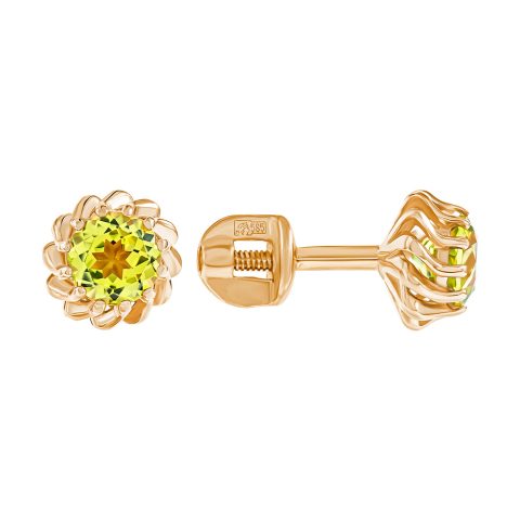 Серьги из красного золота 585 с хризолитами, ср. вес 1,21г
