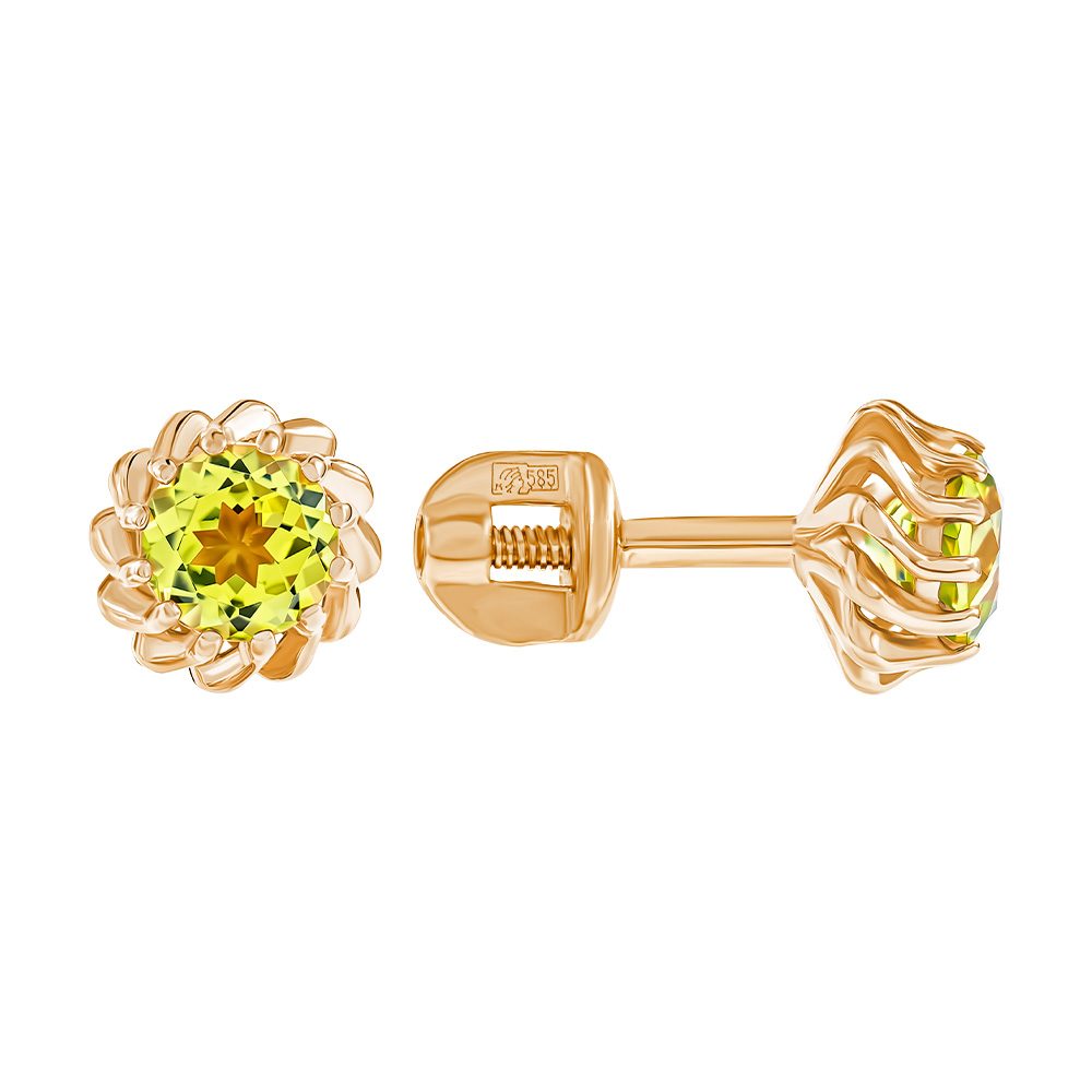 Серьги из красного золота 585 с хризолитами, ср. вес 1,21г