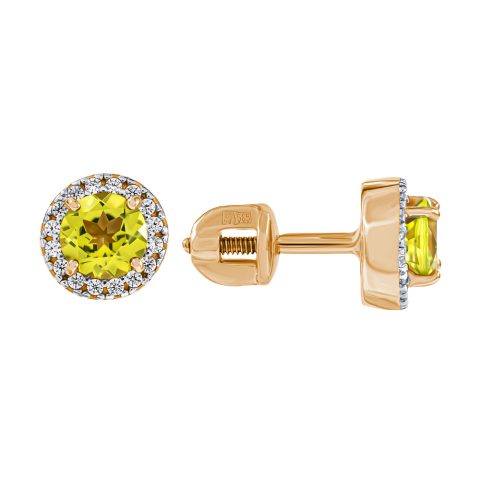 Серьги из красного золота 585 с хризолитами, ср. вес 1,56г