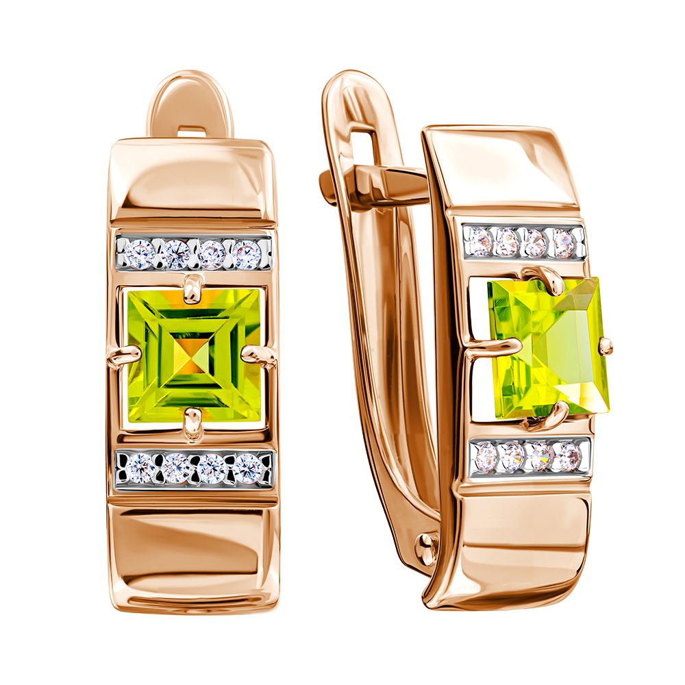 Серьги из красного золота 585 с хризолитами, ср. вес 2,15г