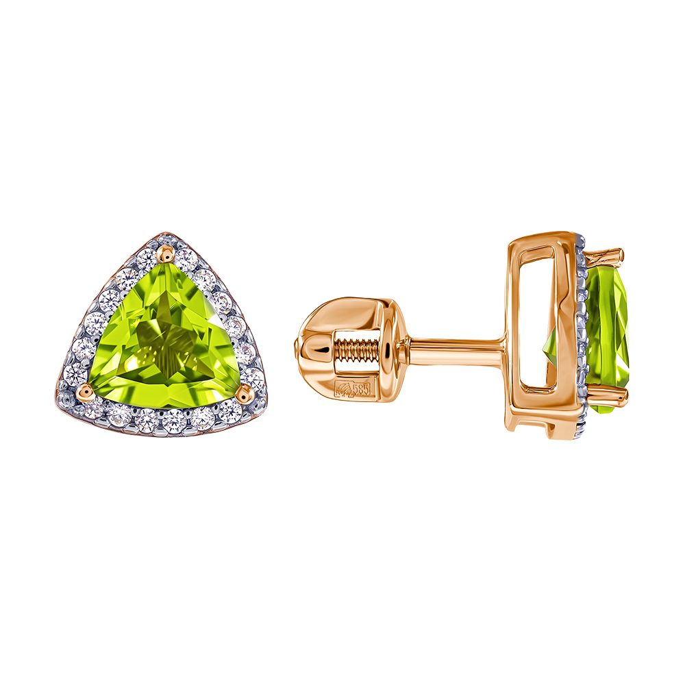 Серьги из красного золота 585 с хризолитами, ср. вес 2г