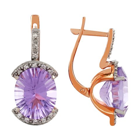 Серьги из красного золота 585 с аметистом и фианитом, ср. вес 6,56г