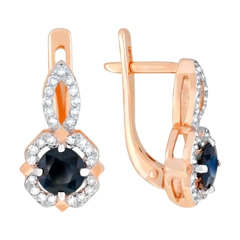 Серьги из красного золота 585 с бриллиантом и сапфиром, ср. вес 3,01г