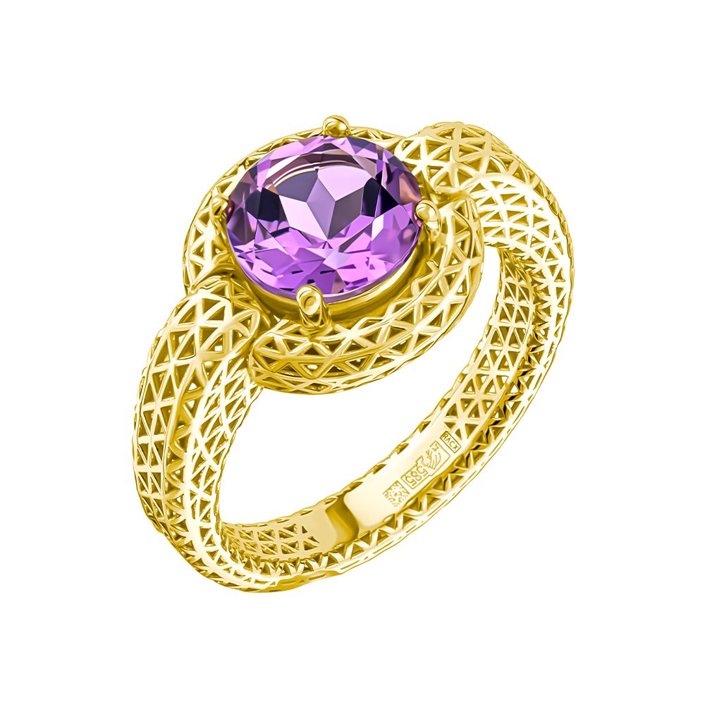Кольцо из жёлтого золота 585 с аметистом, ср. вес 3,55г