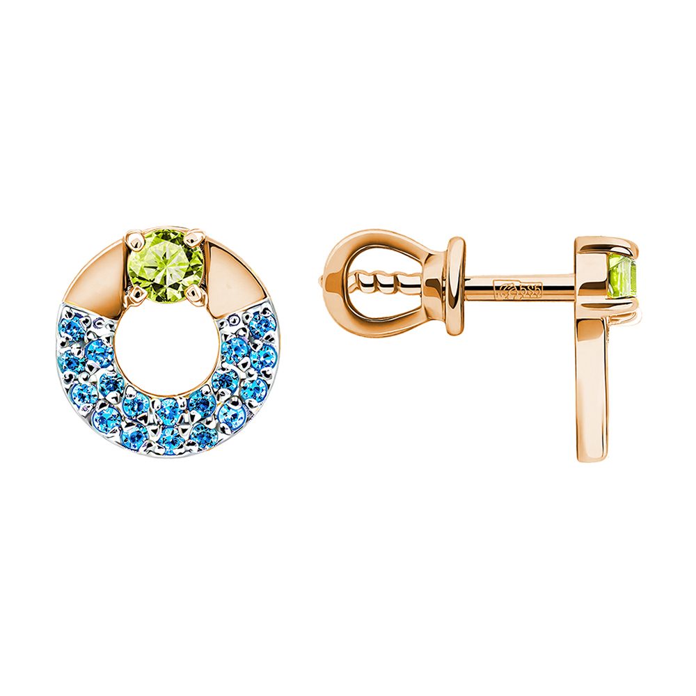 Серьги из красного золота 585 с хризолитами, ср. вес 1,79г
