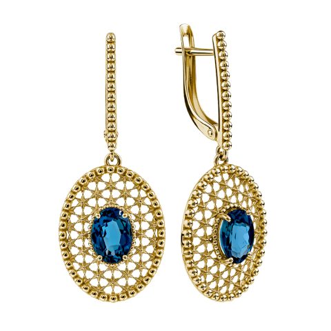Серьги из жёлтого золота 585 с лондон топазами (облагорож.), ср. вес 5,06г