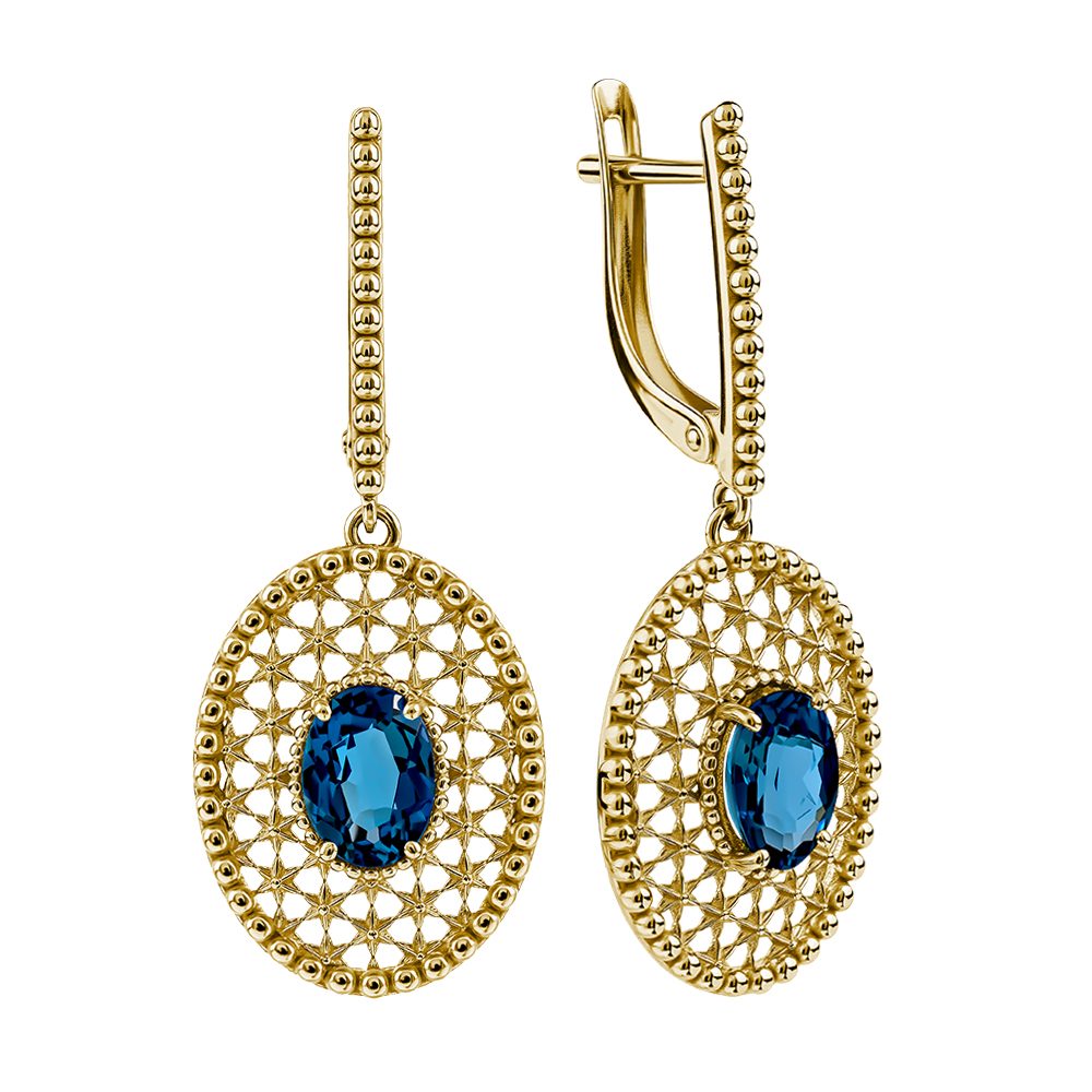 Серьги из жёлтого золота 585 с лондон топазами (облагорож.), ср. вес 5,06г
