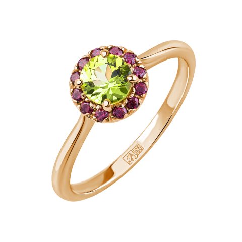 Кольцо из красного золота 585 с хризолитом и кристаллами SWAROVSKI