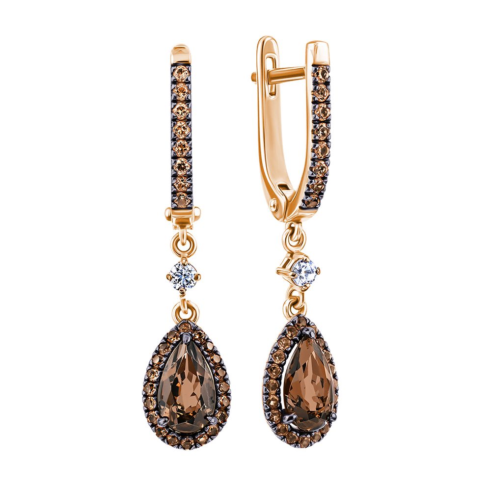 Серьги из красного золота 585 с раухтопазами, ср. вес 2,74г