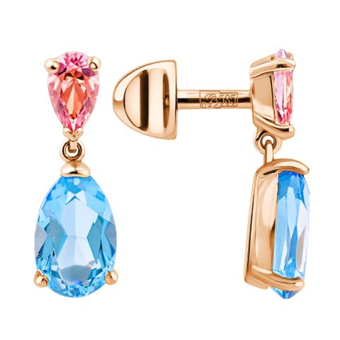 Пусеты из красного золота 585 с топазом и кристаллами SWAROVSKI