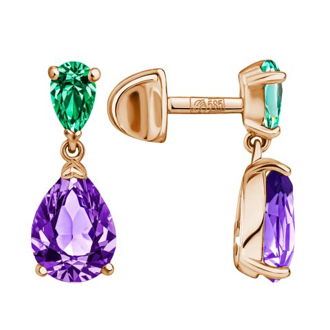 Пусеты из красного золота 585 с аметистом и кристаллами SWAROVSKI