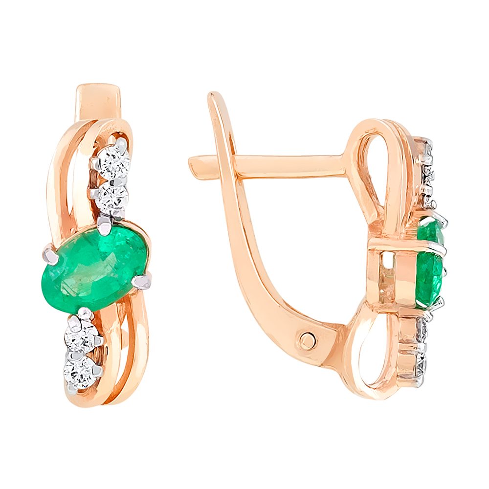 Серьги из красного золота 585 с изумрудами, ср. вес 3,22г