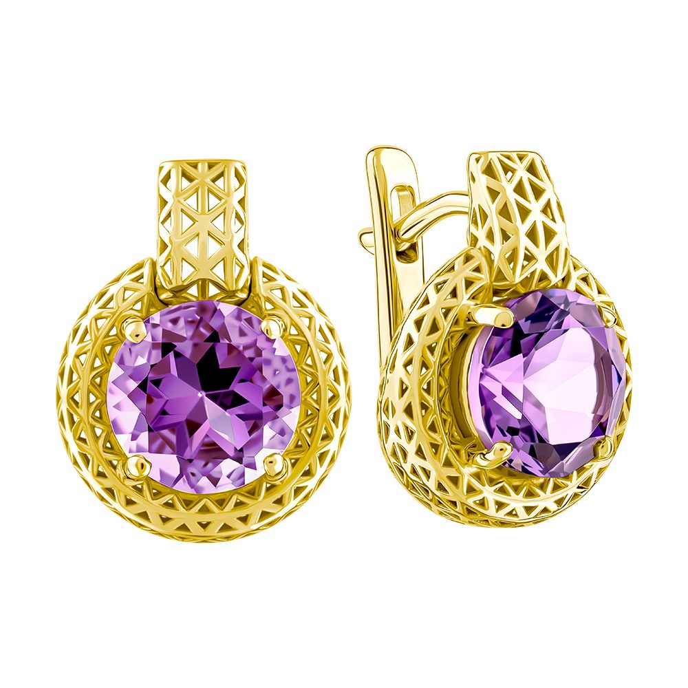 Серьги из жёлтого золота 585 с аметистами, ср. вес 4,96г