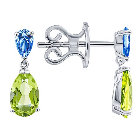 Пусеты из белого золота 585 с хризолитом и кристаллами SWAROVSKI