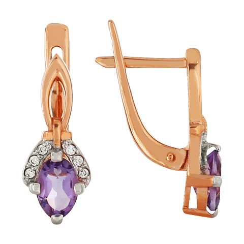 Серьги из красного золота 585 с аметистом и фианитом, ср. вес 2,72г