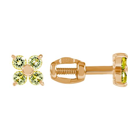 Серьги из красного золота 585 с хризолитами, ср. вес 0,79г