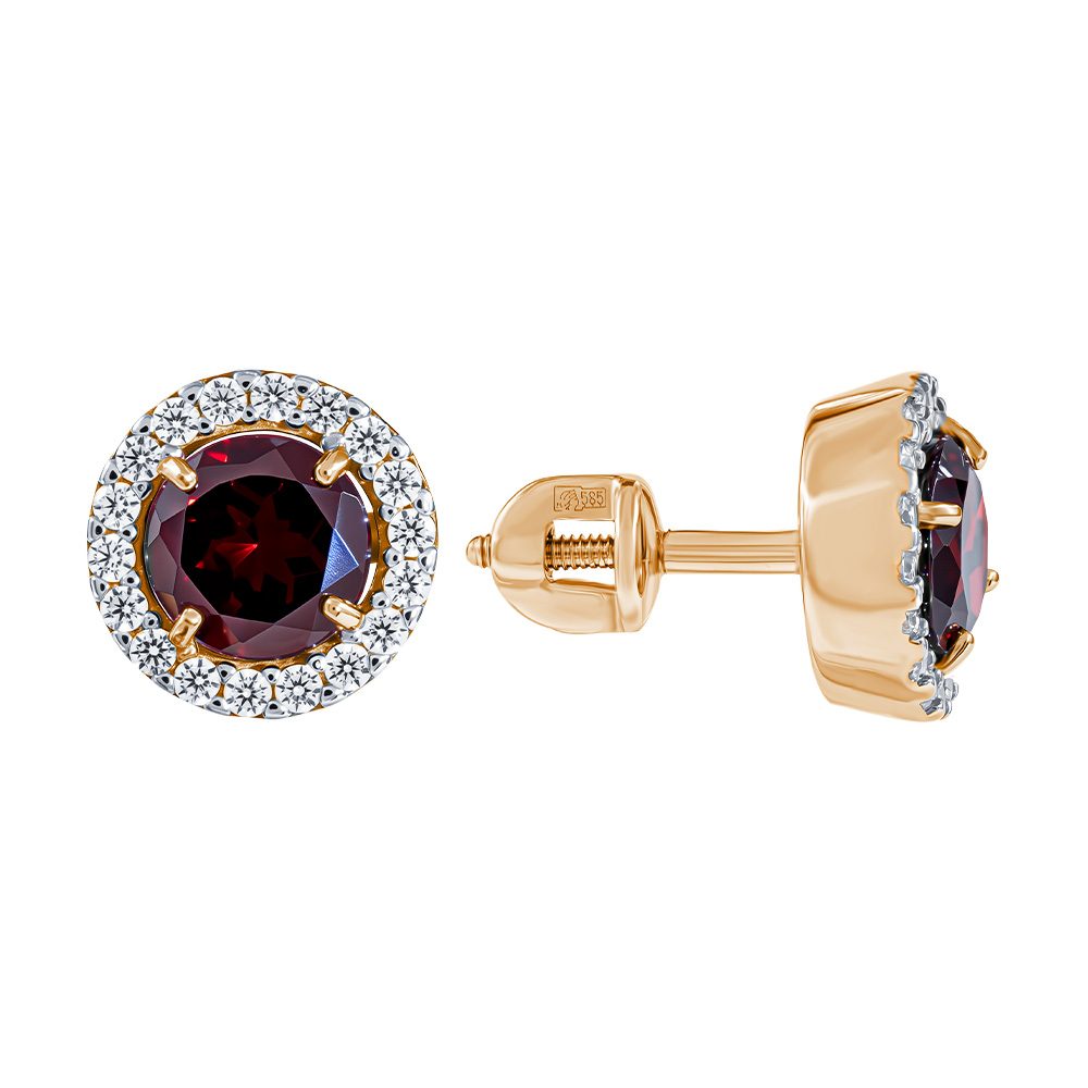 Серьги из красного золота 585 с гранатами, ср. вес 2,46г