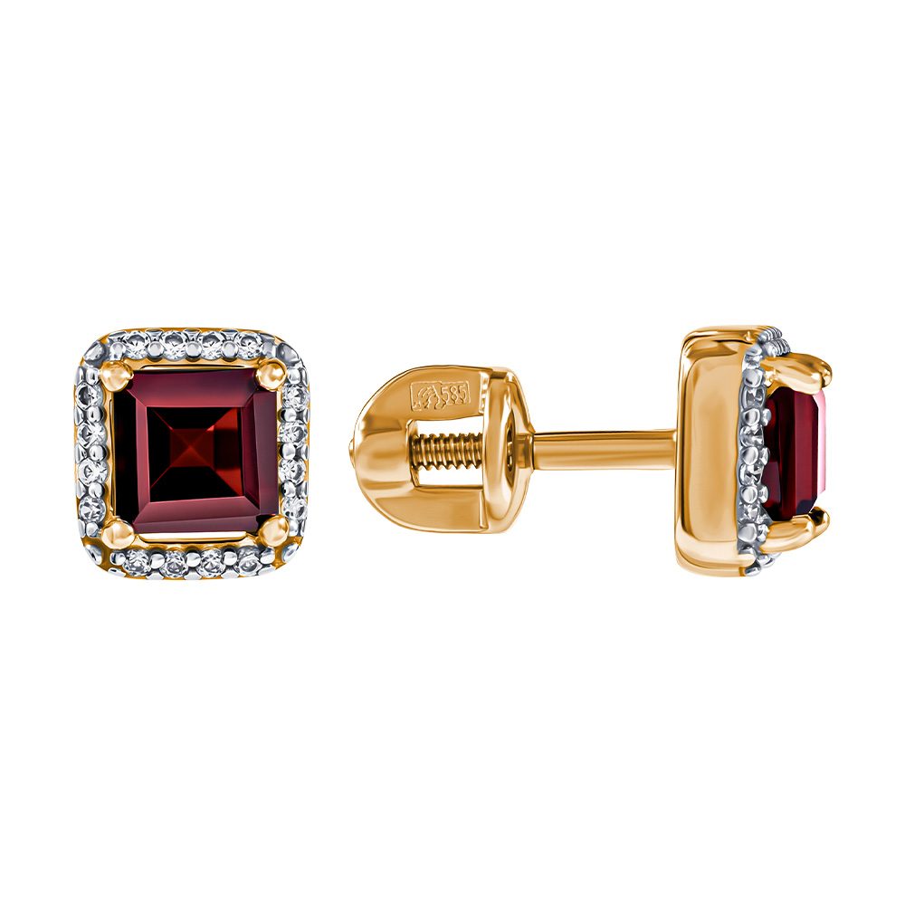 Серьги из красного золота 585 с гранатами, ср. вес 1,53г