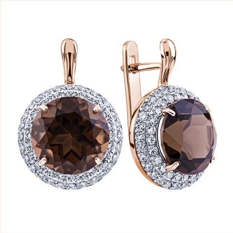 Серьги из красного золота 585 с раухтопазами, ср. вес 5,77г