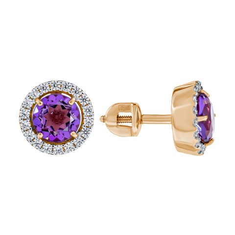 Серьги из красного золота 585 с аметистами, ср. вес 2,36г