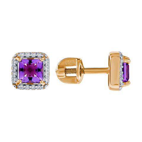 Серьги из красного золота 585 с аметистами, ср. вес 1,48г