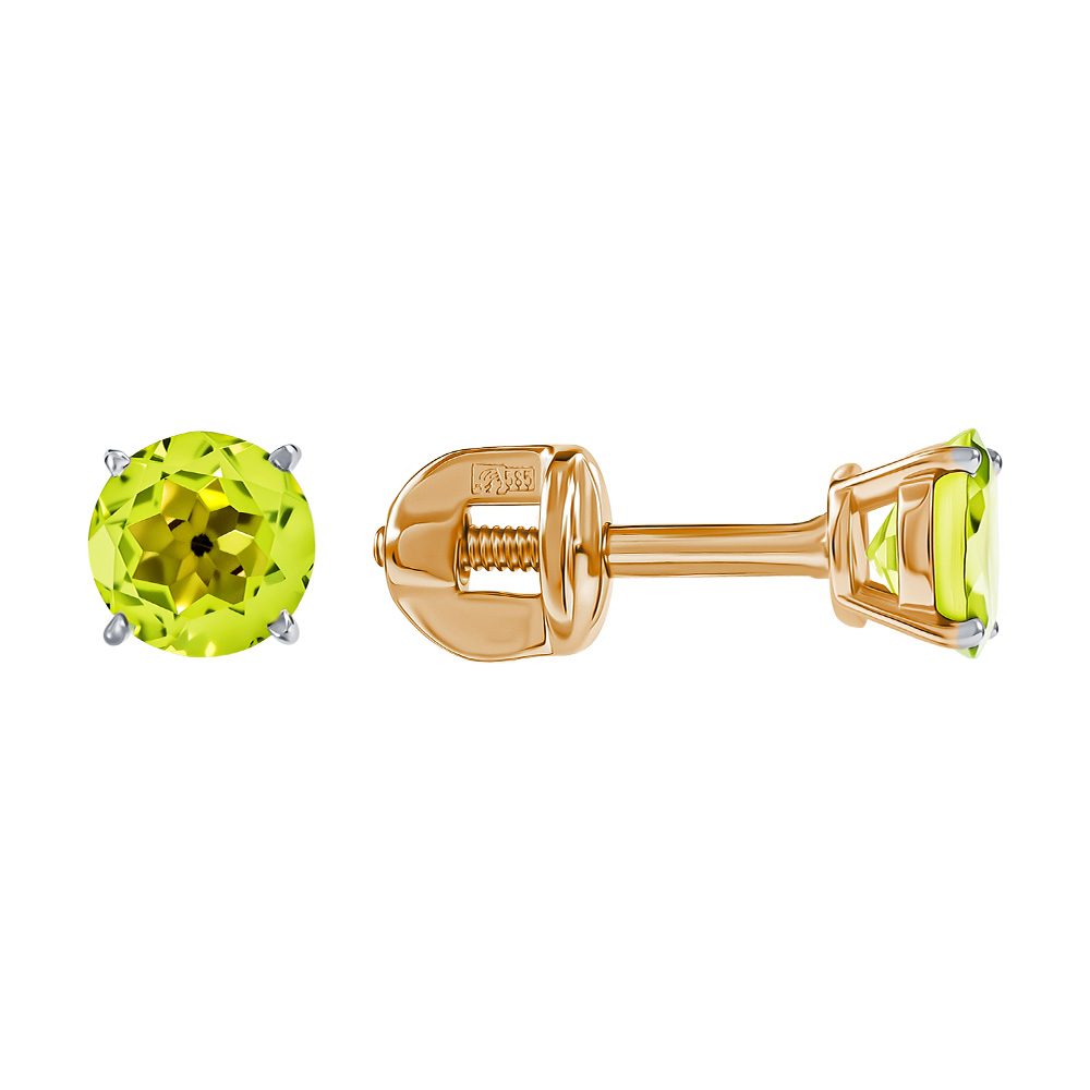 Серьги из красного золота 585 с хризолитами, ср. вес 1,01г
