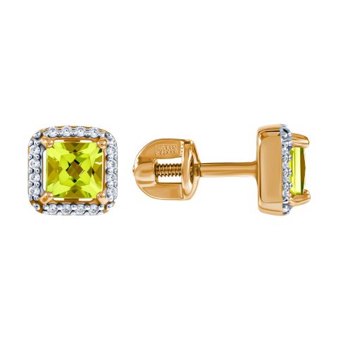 Серьги из красного золота 585 с хризолитами, ср. вес 1,46г
