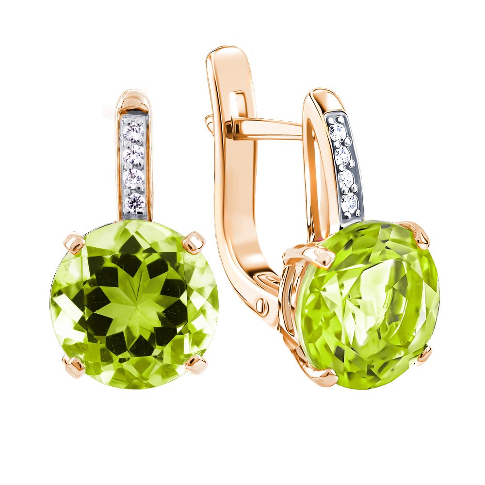 Серьги из красного золота 585 с хризолитами, ср. вес 3,02г