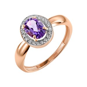 Кольцо из красного золота 585 с аметистом, ср. вес 1,84г