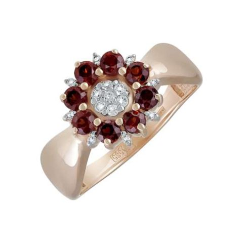 Кольцо из красного золота 585 с гранатом и фианитом, ср. вес 2,98г