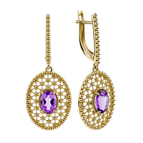 Серьги из жёлтого золота 585 с аметистами, ср. вес 5,04г