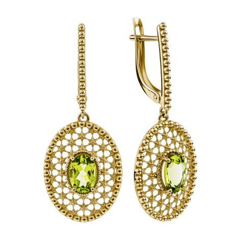 Серьги из жёлтого золота 585 с хризолитами, ср. вес 5,08г