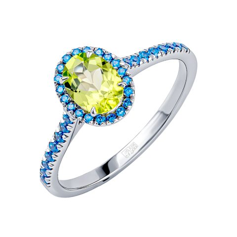 Кольцо из белого золота 585 с хризолитом и кристаллами SWAROVSKI