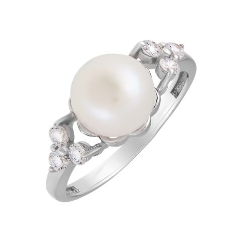 Кольцо из серебра 925 с жемчугом и фианитом, ср. вес 2,37г