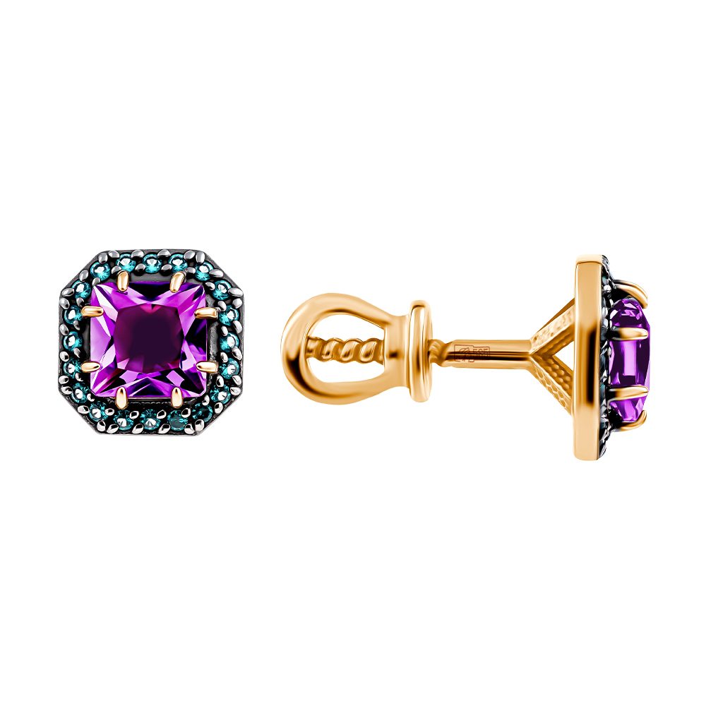 Серьги из красного золота 585 с аметистами, ср. вес 1,99г