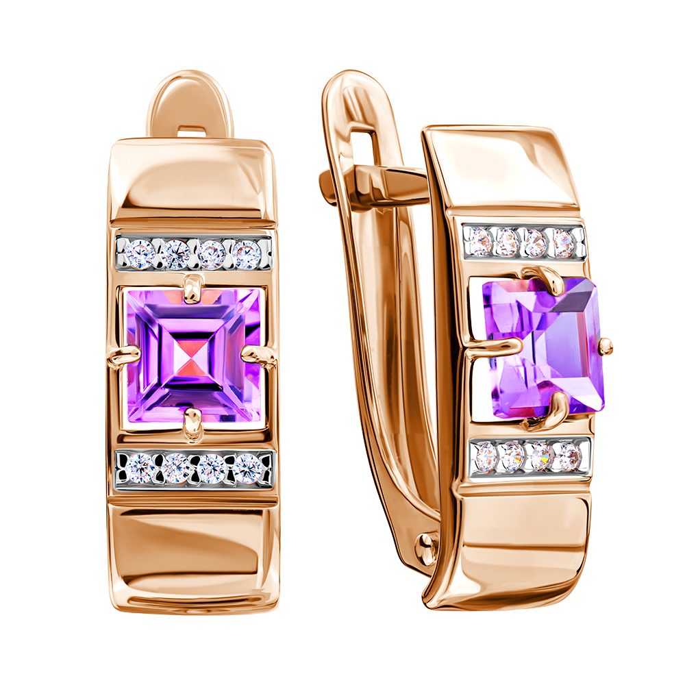 Серьги из красного золота 585 с аметистами, ср. вес 2,1г