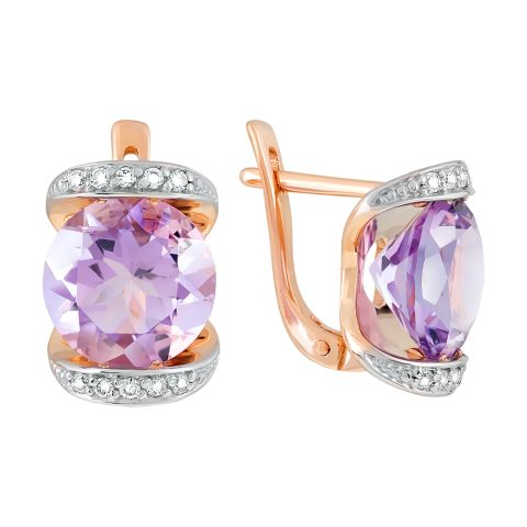 Серьги из красного золота 585 с аметистом и фианитом, ср. вес 6,11г