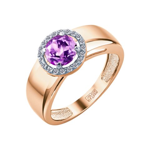 Кольцо из красного золота 585 с аметистом и фианитом, ср. вес 3,54г