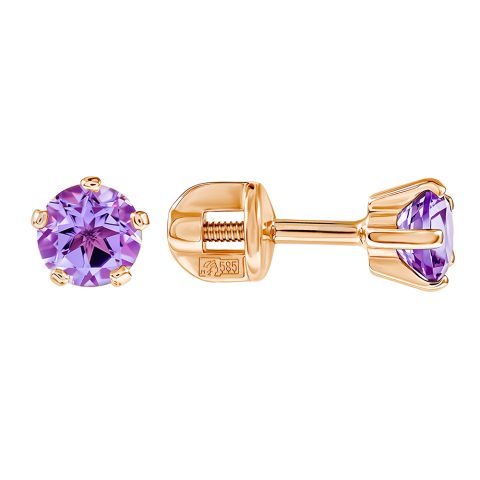 Серьги из красного золота 585 с аметистами, ср. вес 1,01г