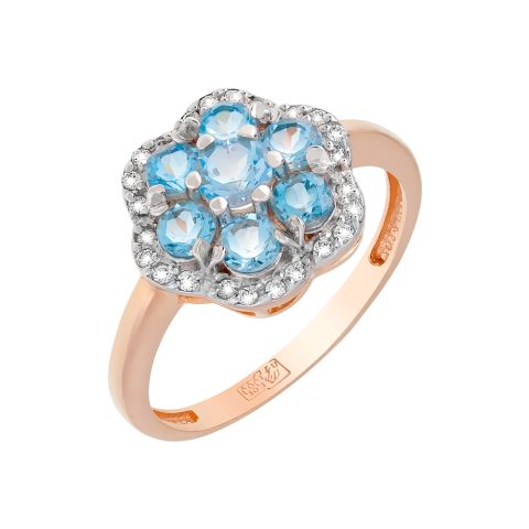 Кольцо из красного золота 585 с топазом и фианитом, ср. вес 2,98г
